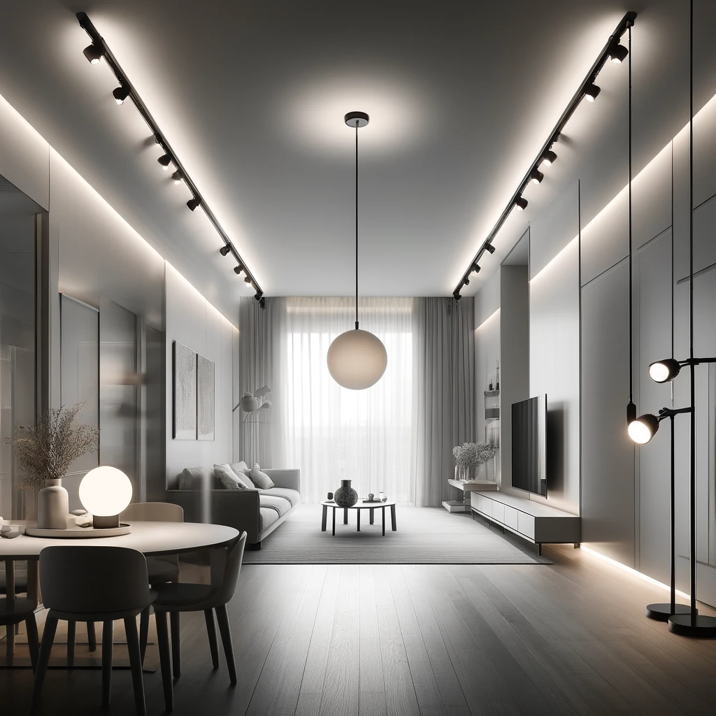 A visually captivating minimalist lighting and decor setup in a modern HDB interior