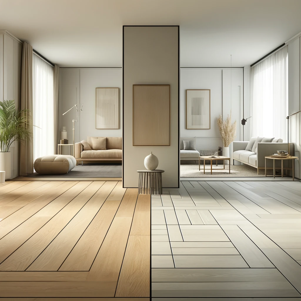 minimalist design principles. One section shows light-colored wood flooring