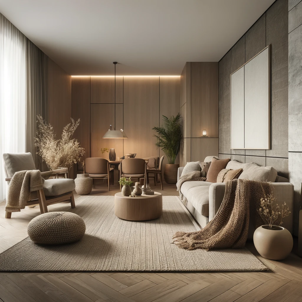 A realistic image of a minimalist interior design in a 4-room BTO flat, showcasing how textures and materials add warmth and depth.