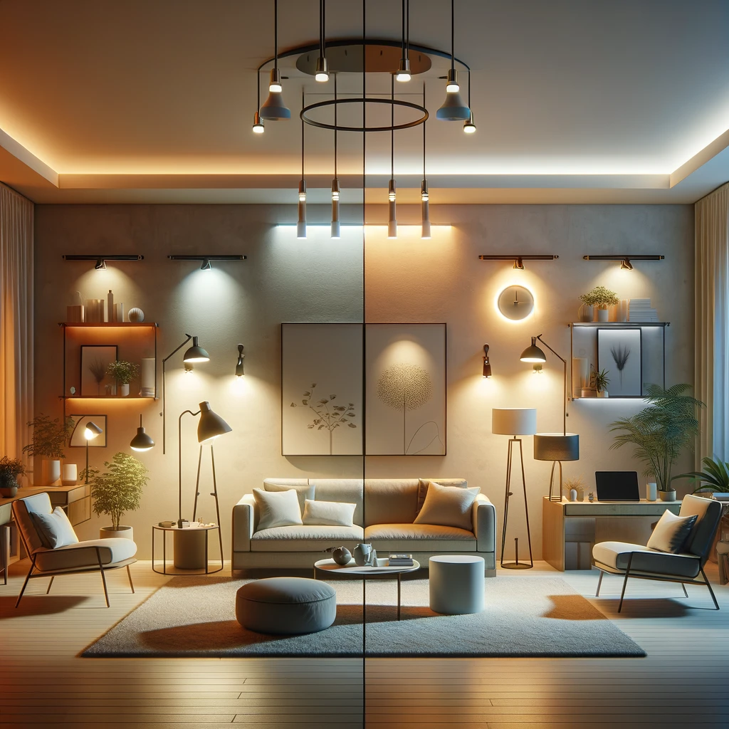 Visualize a minimalist living room with different lighting setups to demonstrate the impact of layering light and color temperature on mood and perception
